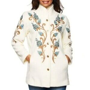 Bob Mackie Wearable Art Embroidered Fleece Jacket Pockets Size M Button Coat